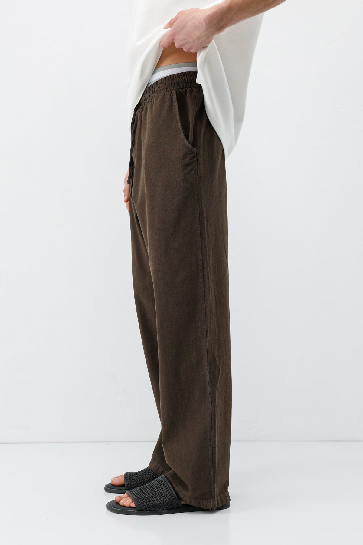 Bel Lastikli Baggy Fit Keten Pantolon Kahve