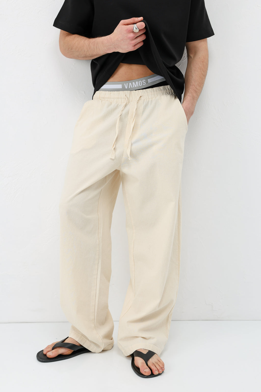 Bel Lastikli Baggy Fit Keten Pantolon Natural