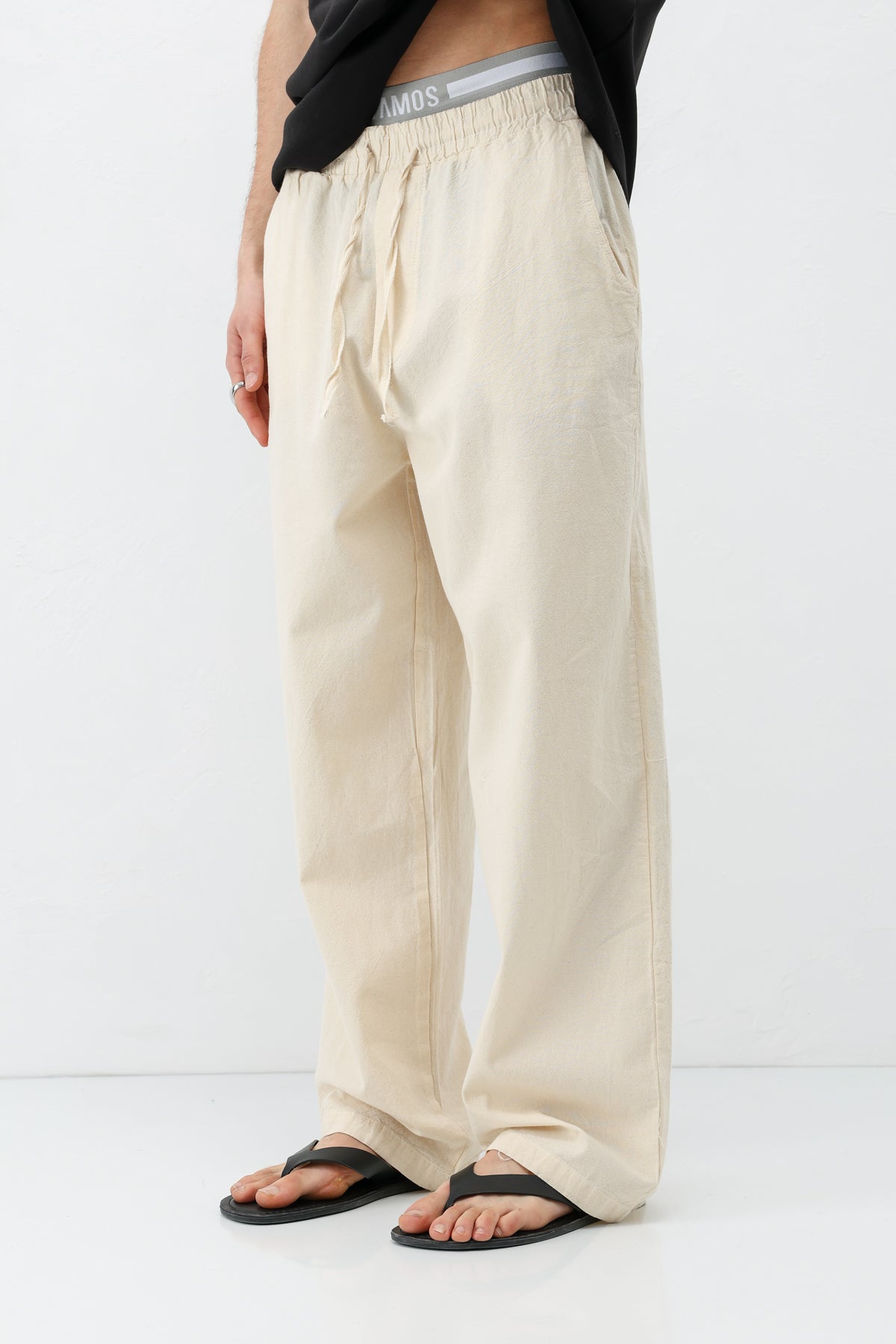 Bel Lastikli Baggy Fit Keten Pantolon Natural