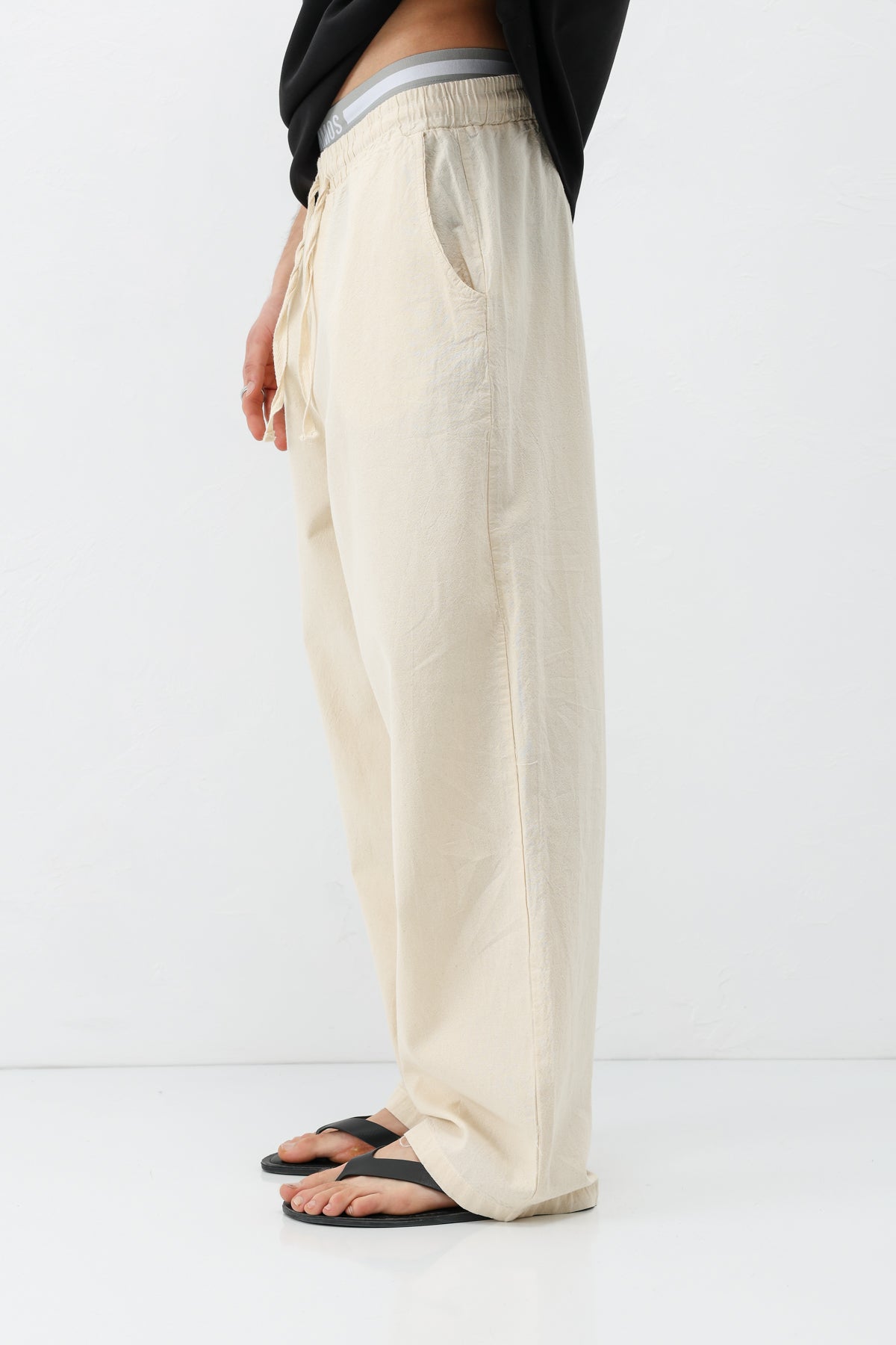 Bel Lastikli Baggy Fit Keten Pantolon Natural