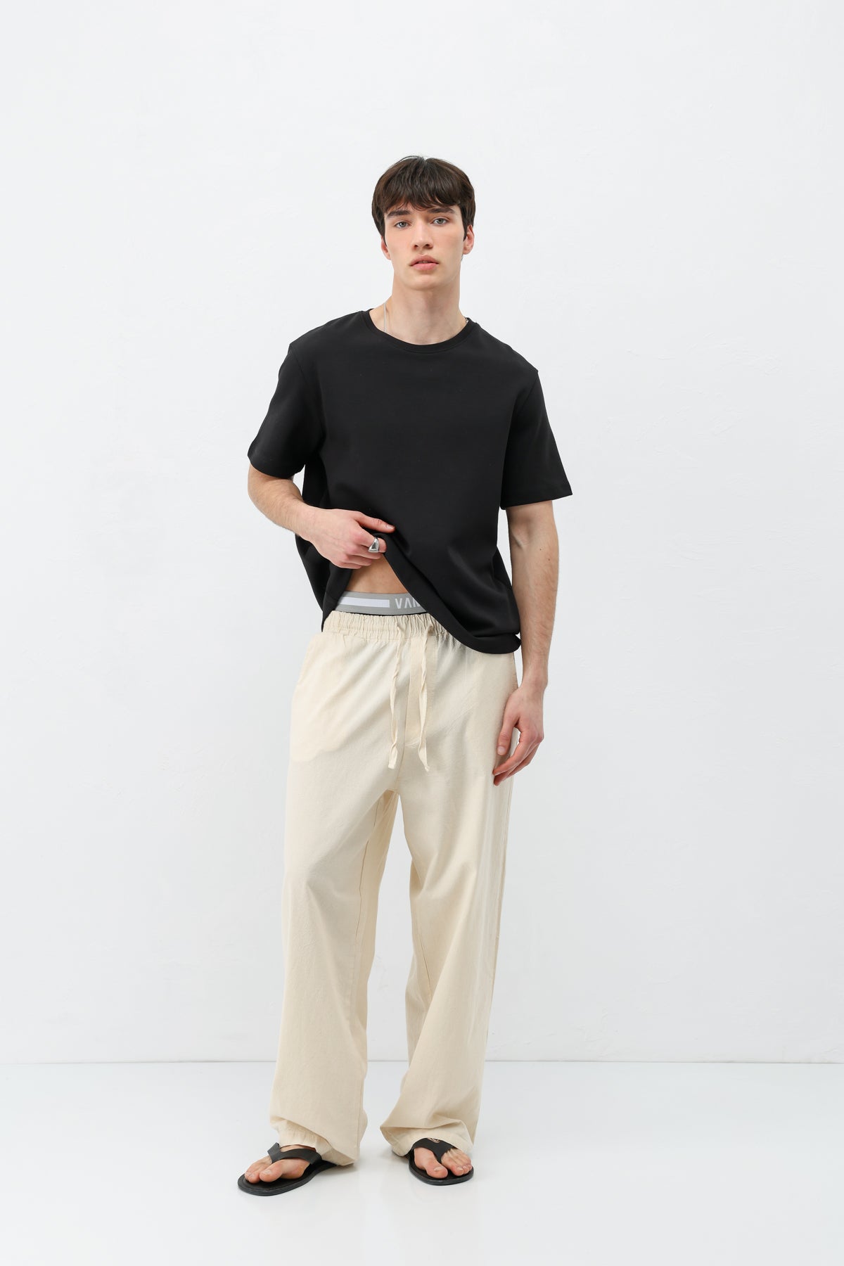 Bel Lastikli Baggy Fit Keten Pantolon Natural