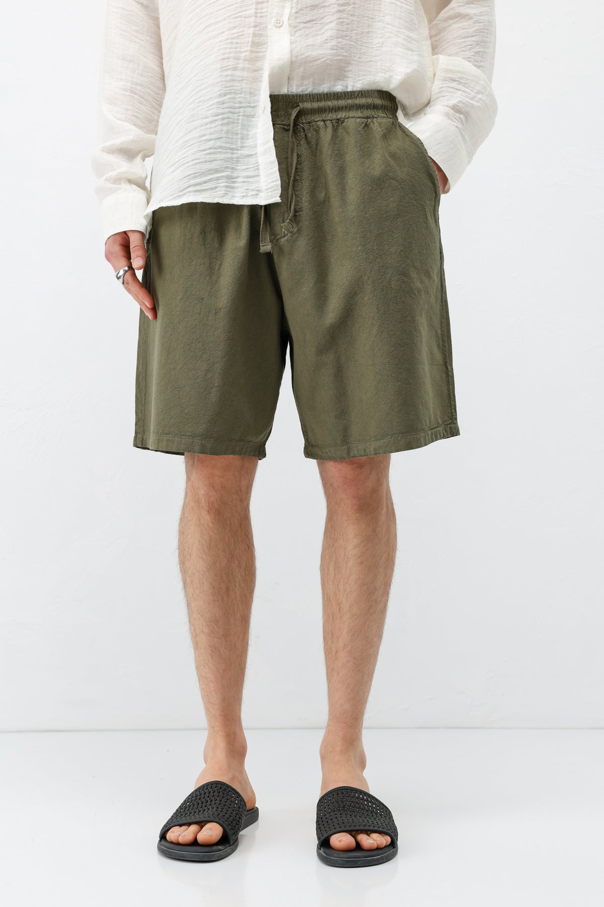 Oversize Keten Şort Haki