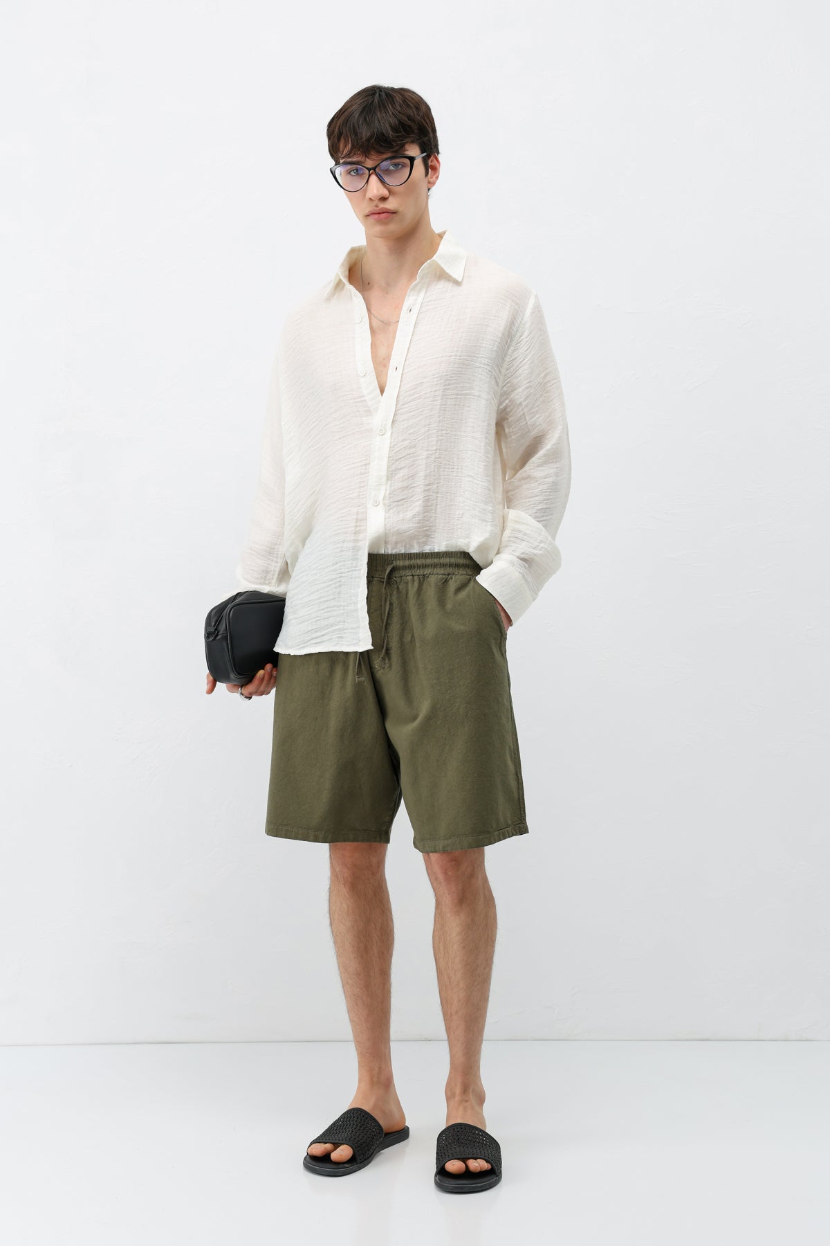 Oversize Keten Şort Haki