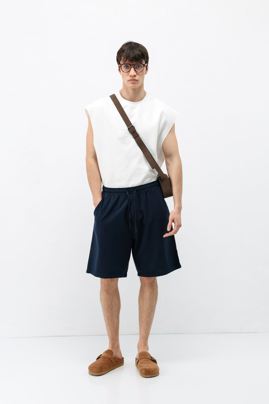 Oversize Keten Şort Lacivert
