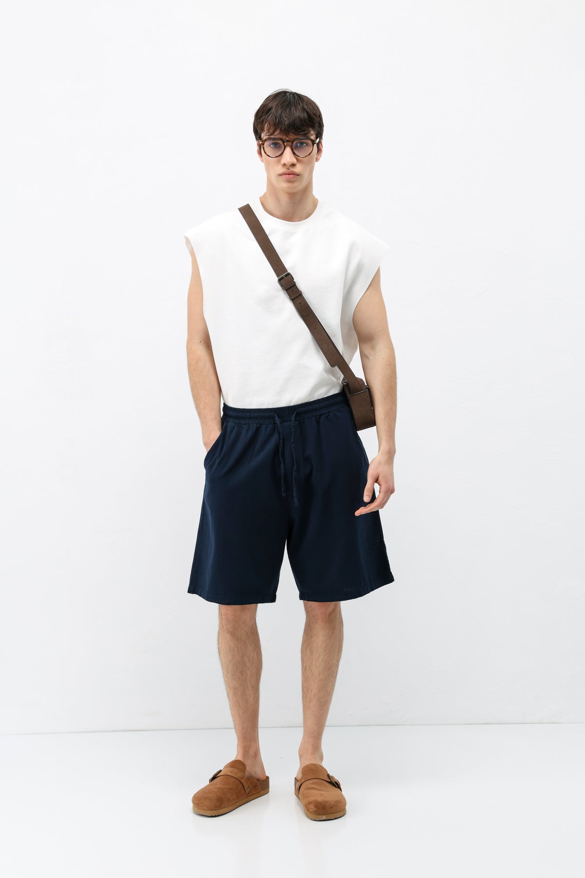 Oversize Keten Şort Lacivert