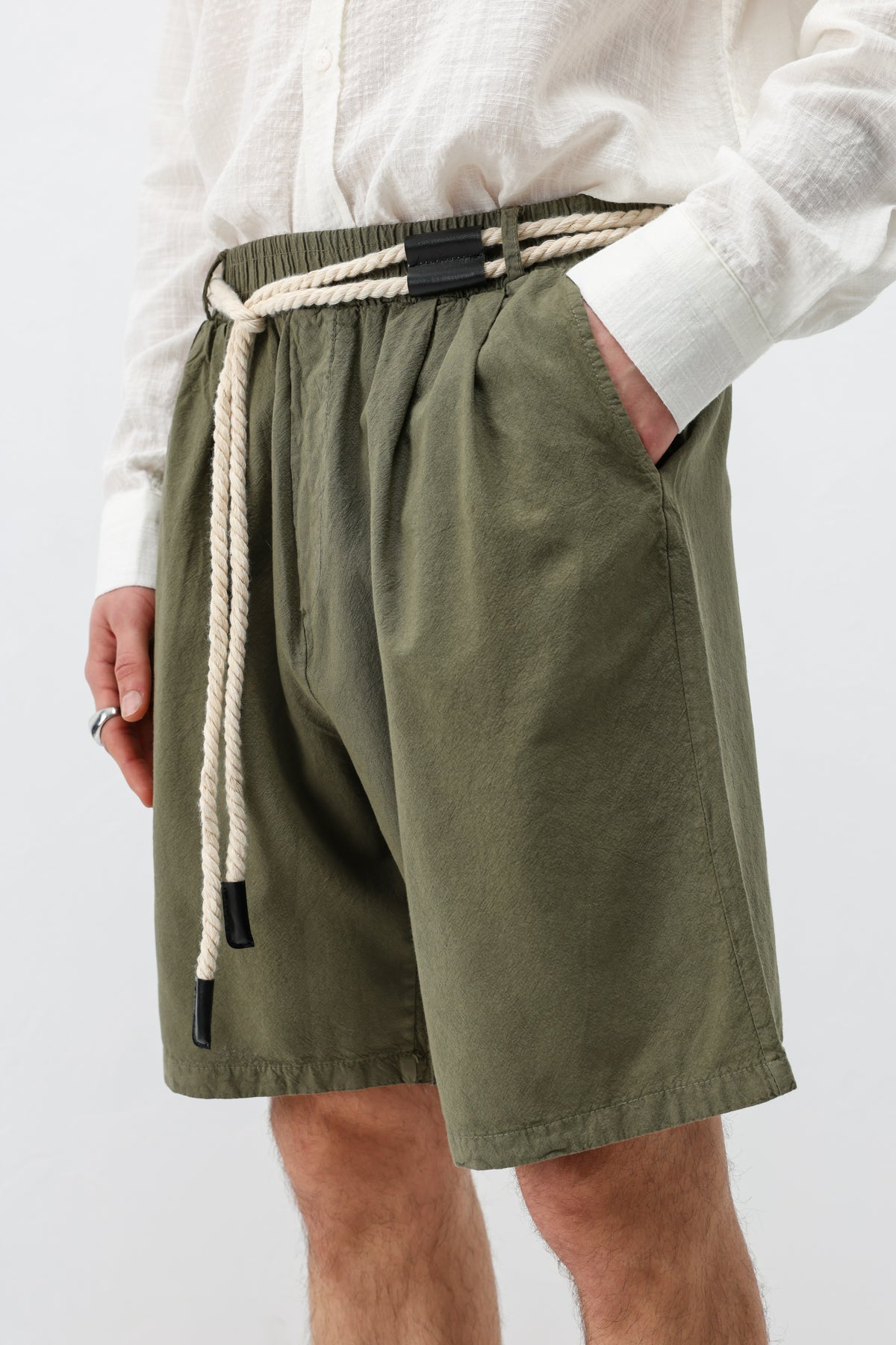 Kemerli Oversize Keten Şort Haki