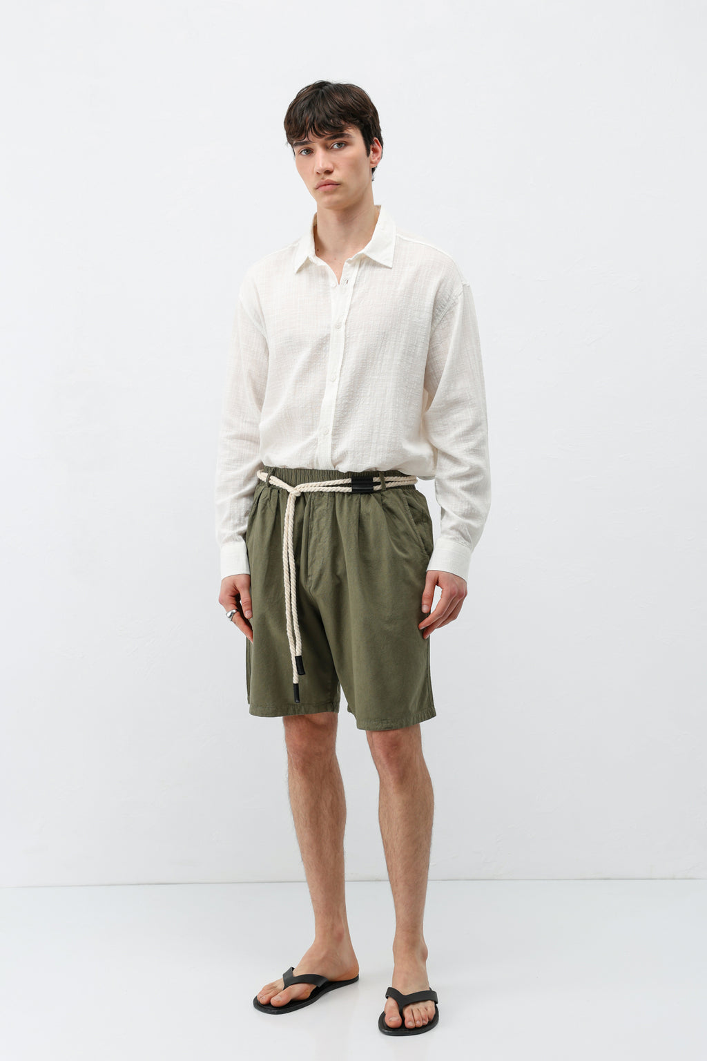 Kemerli Oversize Keten Şort Haki