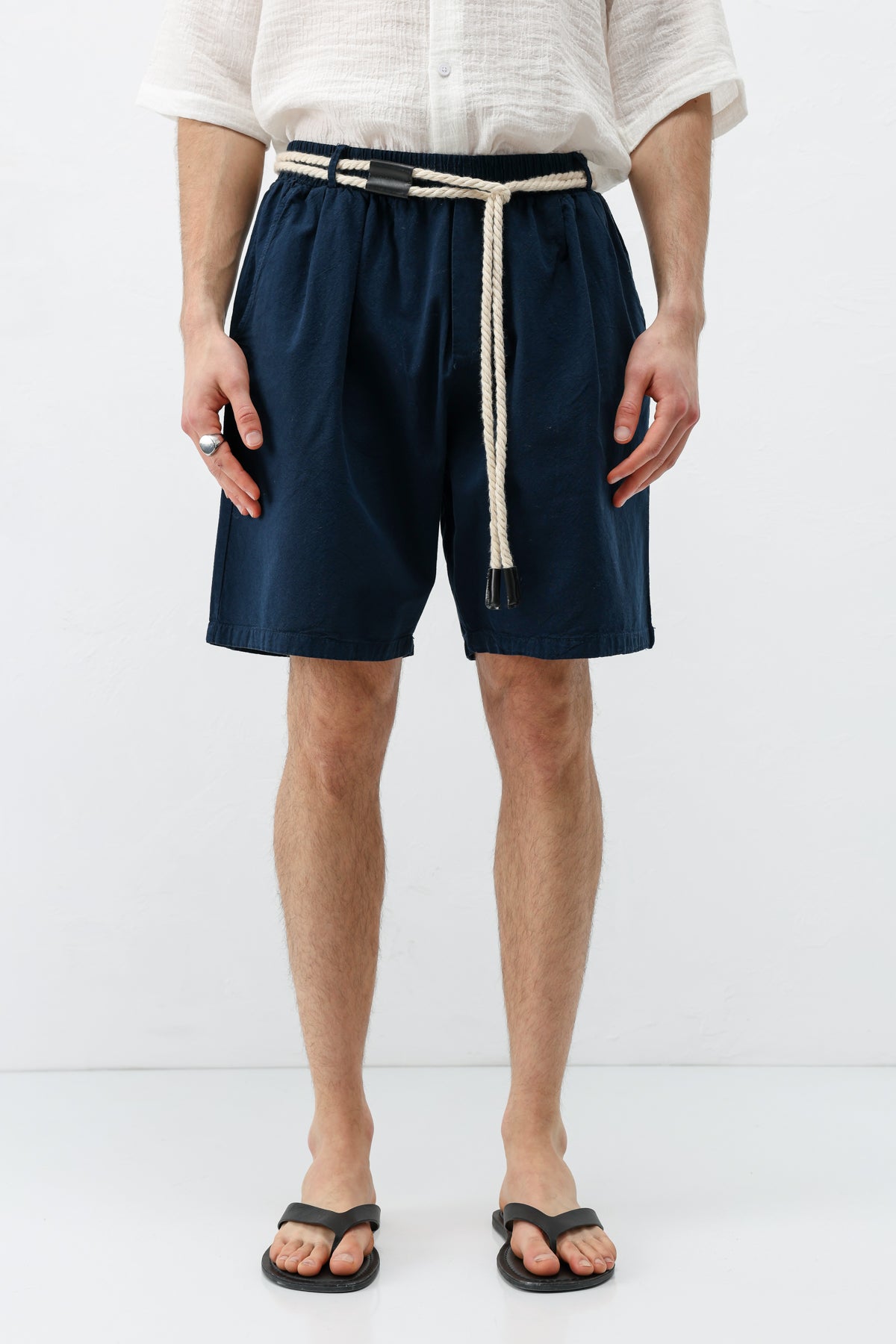 Kemerli Oversize Keten Şort Lacivert