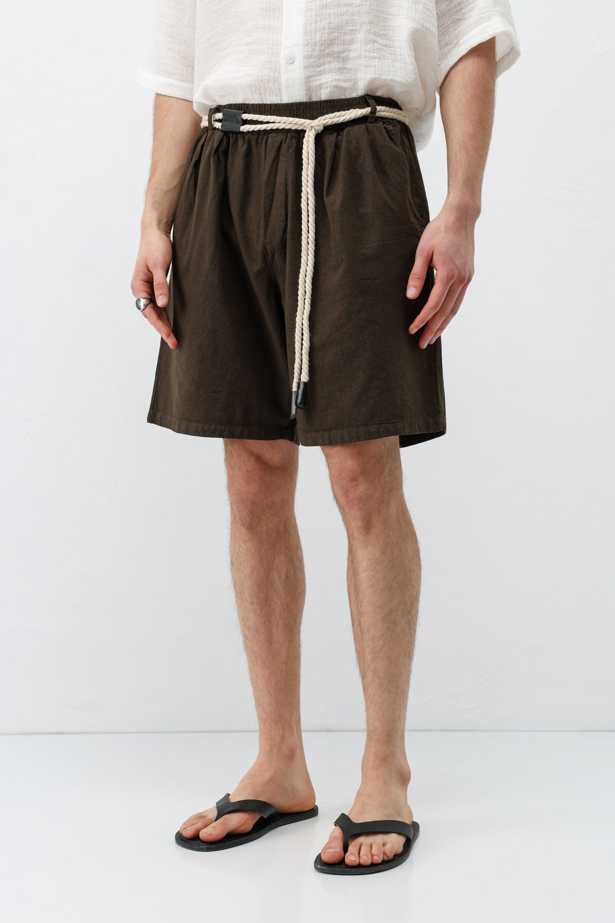 Kemerli Oversize Keten Şort Kahve