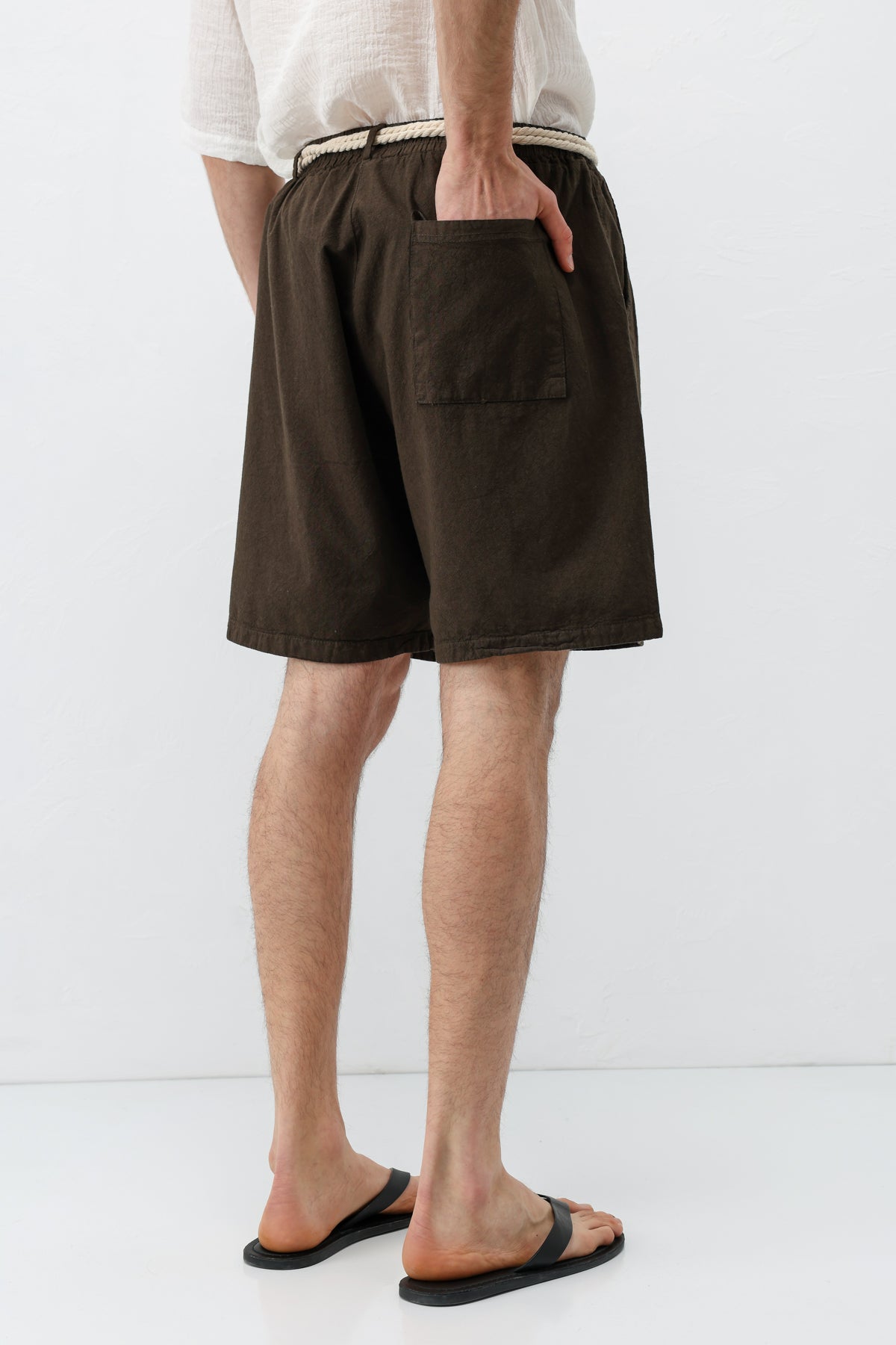 Kemerli Oversize Keten Şort Kahve