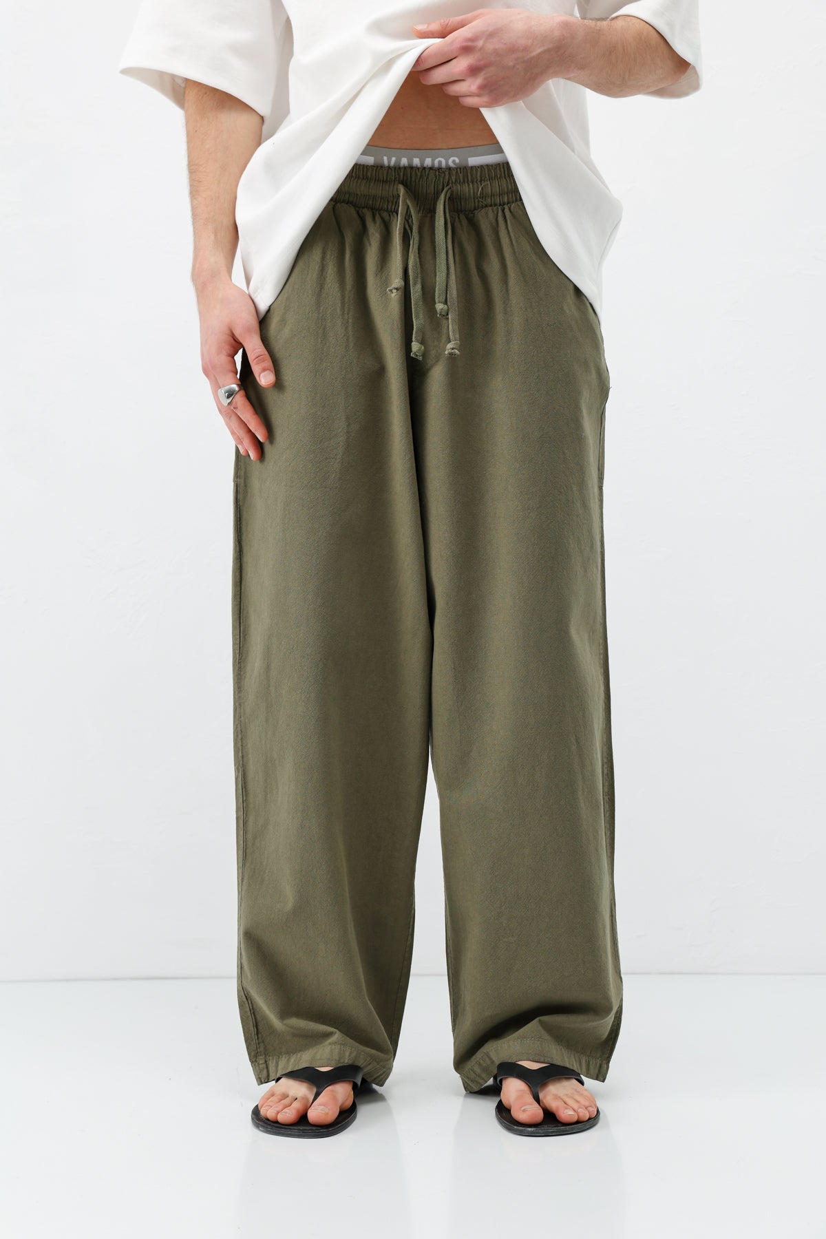 Super Baggy Fit Keten Pantolon Haki
